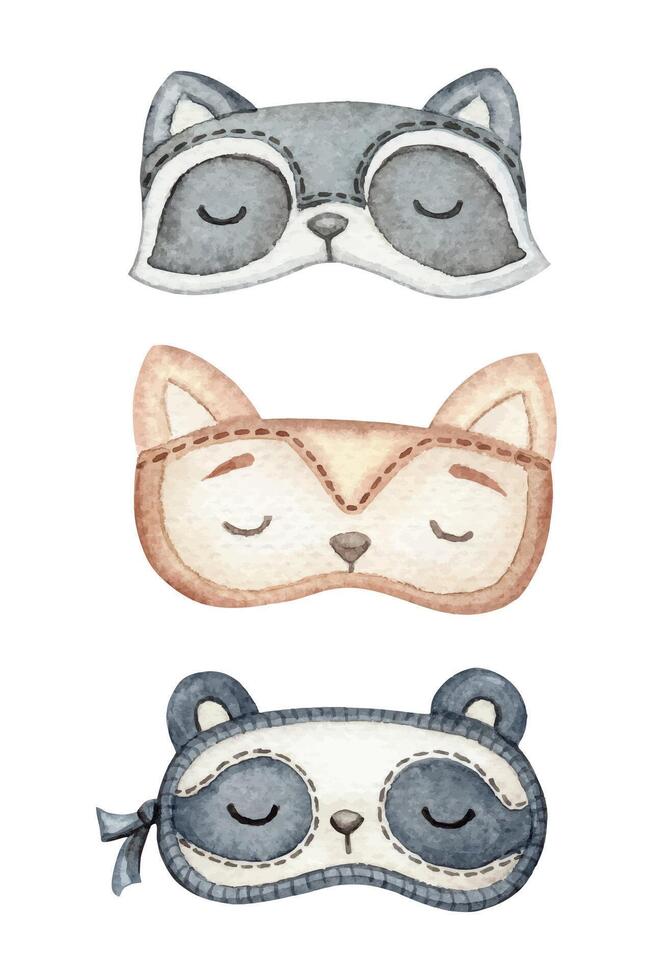 Set of sleep masks fox raccoon and panda cute cartoon style illustration. Hand drawn watercolor comfortable night accessories. Perfect for use in pajama party template and cozy designs. vector