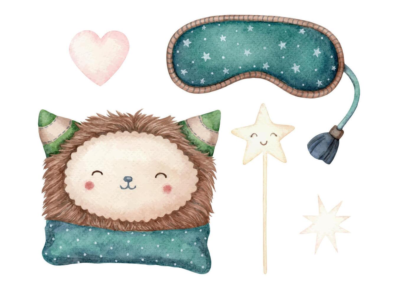 Set of cute pillow with sleep mask and star baby illustration in cartoon style. Hand drawn watercolor kids-friendly character. Perfect for the use for pajama party template and childlike designs. vector