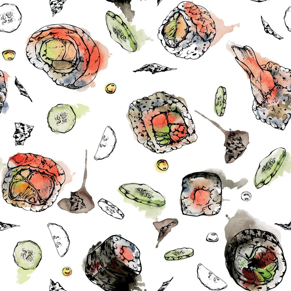Traditional Japanese food, california philadelphia alaska sushi rolls with raw fish salmon unagi tuna shrimp, hand drawn in watercolor and ink. Seamless pattern for restaurant, cafe menu, recipe book vector