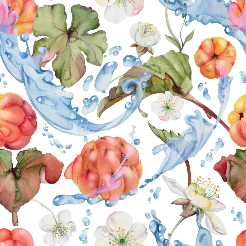 Cloudberry raspberry white flowers flying in water splashes waves drops, hand drawn in watercolor, ripe red forest berry and leaves. Seamless banner illustration for cafe menu, wedding, farmers market vector