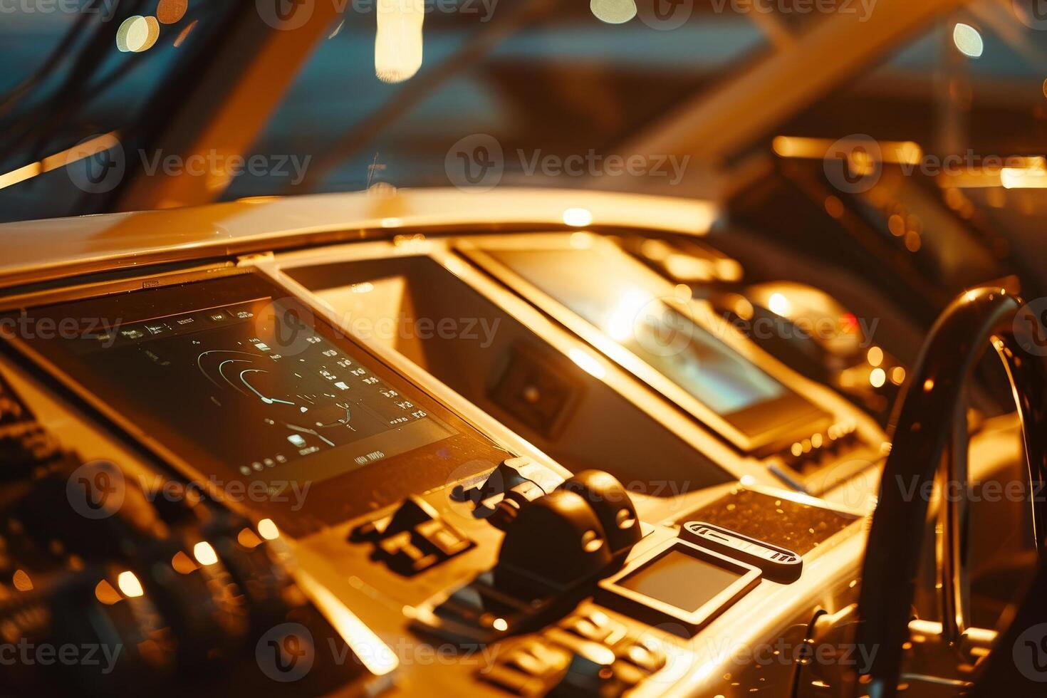 A dashboard on a boat with a screen photo