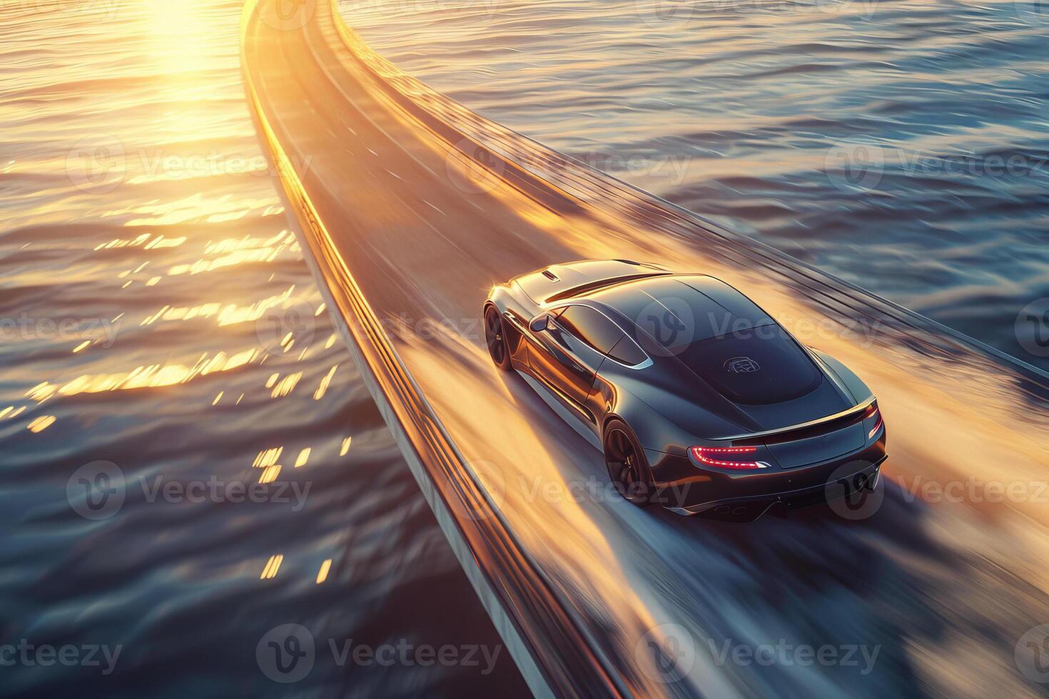 A black sports car driving on a bridge over water photo