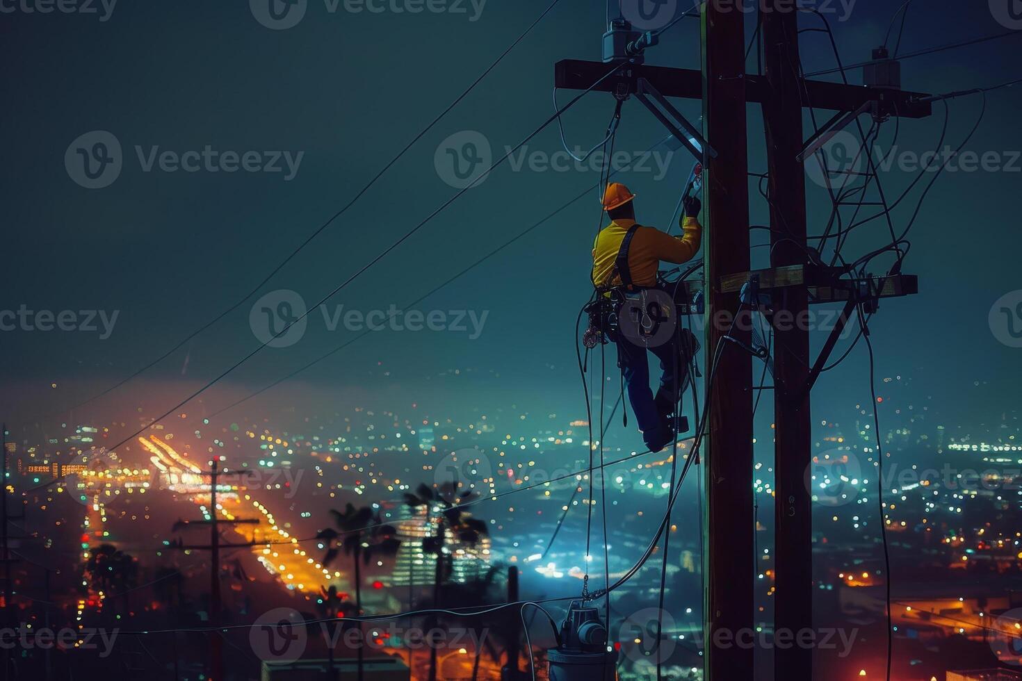A man on a power pole at night photo