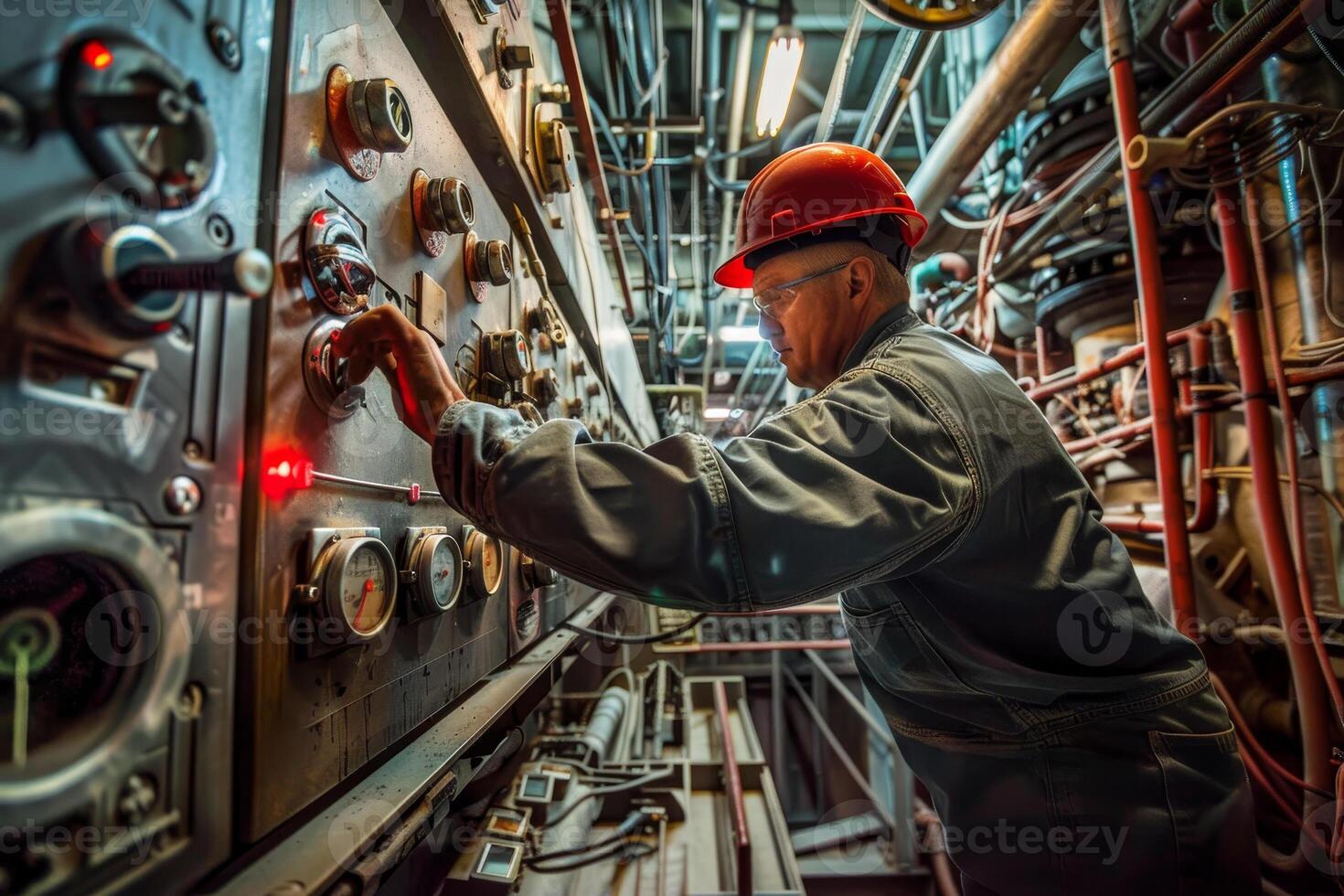 A man in a hard hat and safety glasses is working on a control panel photo