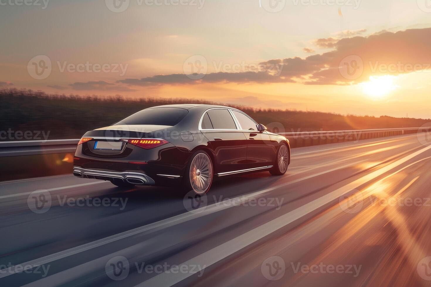 The mercedes s - class is driving on the highway at sunset photo