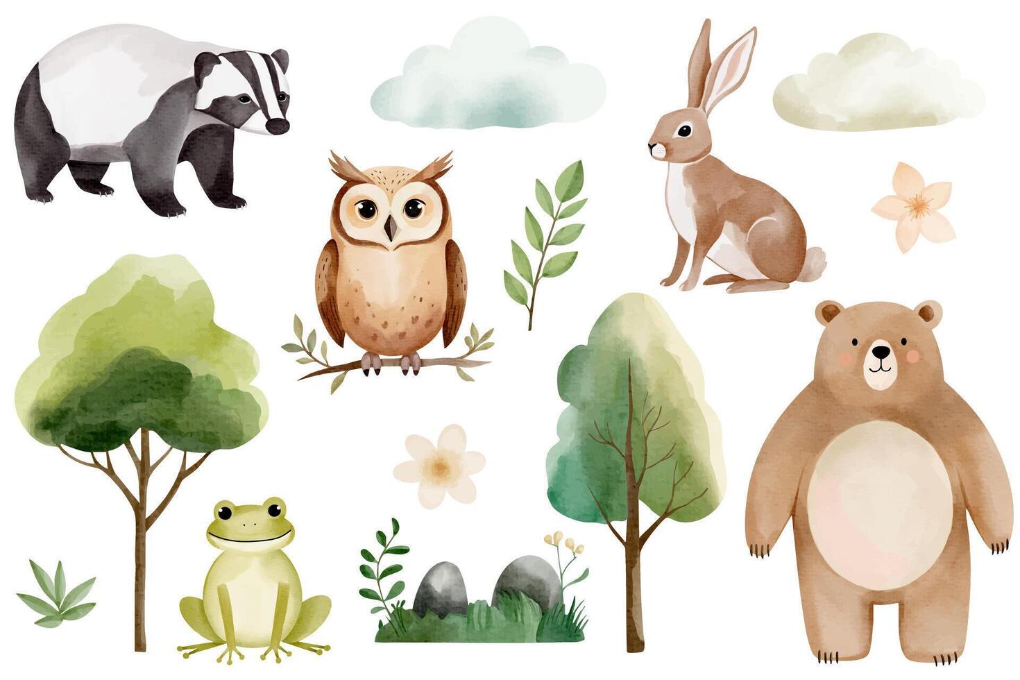 Watercolor woodland animals. Set of hand drawn wild forest animals. Owl, bear, rabbit, frog, badger vector
