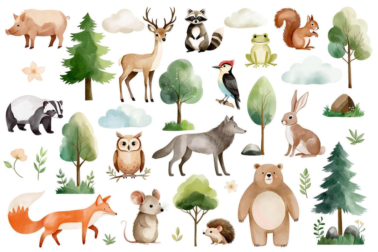 Set of hand drawn wild forest animals and trees. Watercolor woodland animals. Fox, wolf, mouse, reindeer, bunny. vector