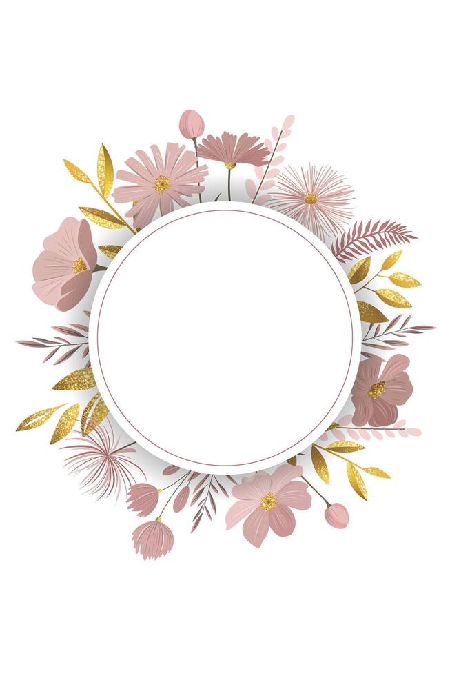 Round floral frame for greeting card, wedding invitation. Botanical template with golden leaves and delicate meadow flowers. vector