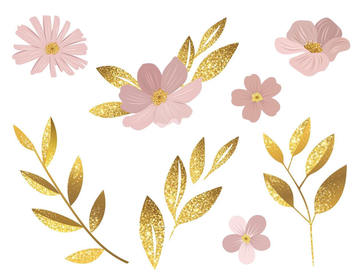 Gentle pink flowers and shining golden leaves. Meadow botanical set for greeting cards. Gold colored delicate wild flowers. vector