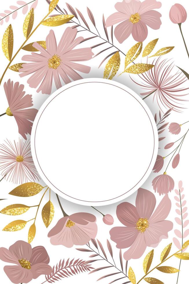 Gentle floral frame for greeting card, invitation. Empty botanical template with golden leaves and pink flowers. vector