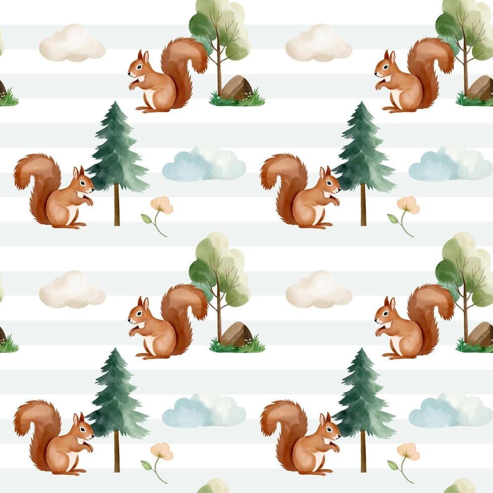 Seamless pattern with cute watercolor squirrel, pine and clouds. Forest wildlife backgrounds. Watercolor woodland vector