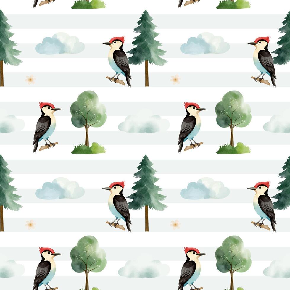 Seamless pattern with cute watercolor woodpecker, pine and clouds. Forest wildlife backgrounds. Watercolor woodland vector