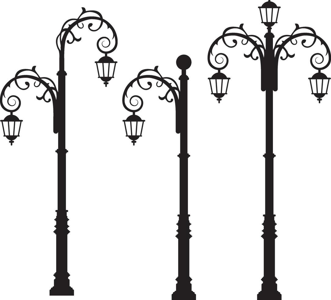 A row of street lights with different heights and styles vector