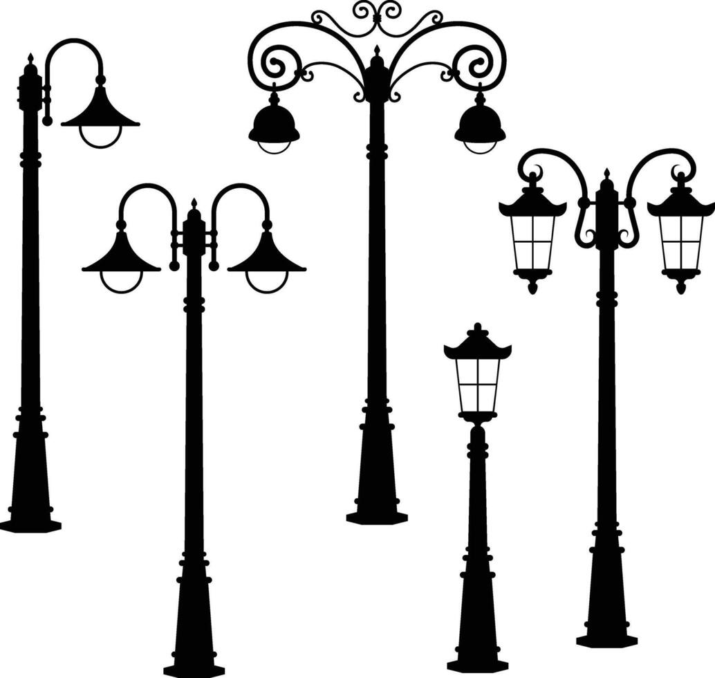 A set of street lights are shown in black and white vector