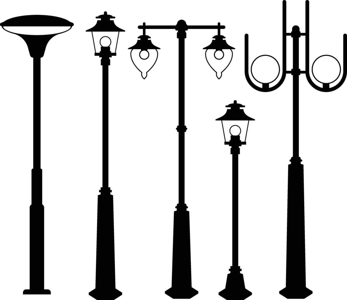 collection of urban street lights in black and white silhouette style vector
