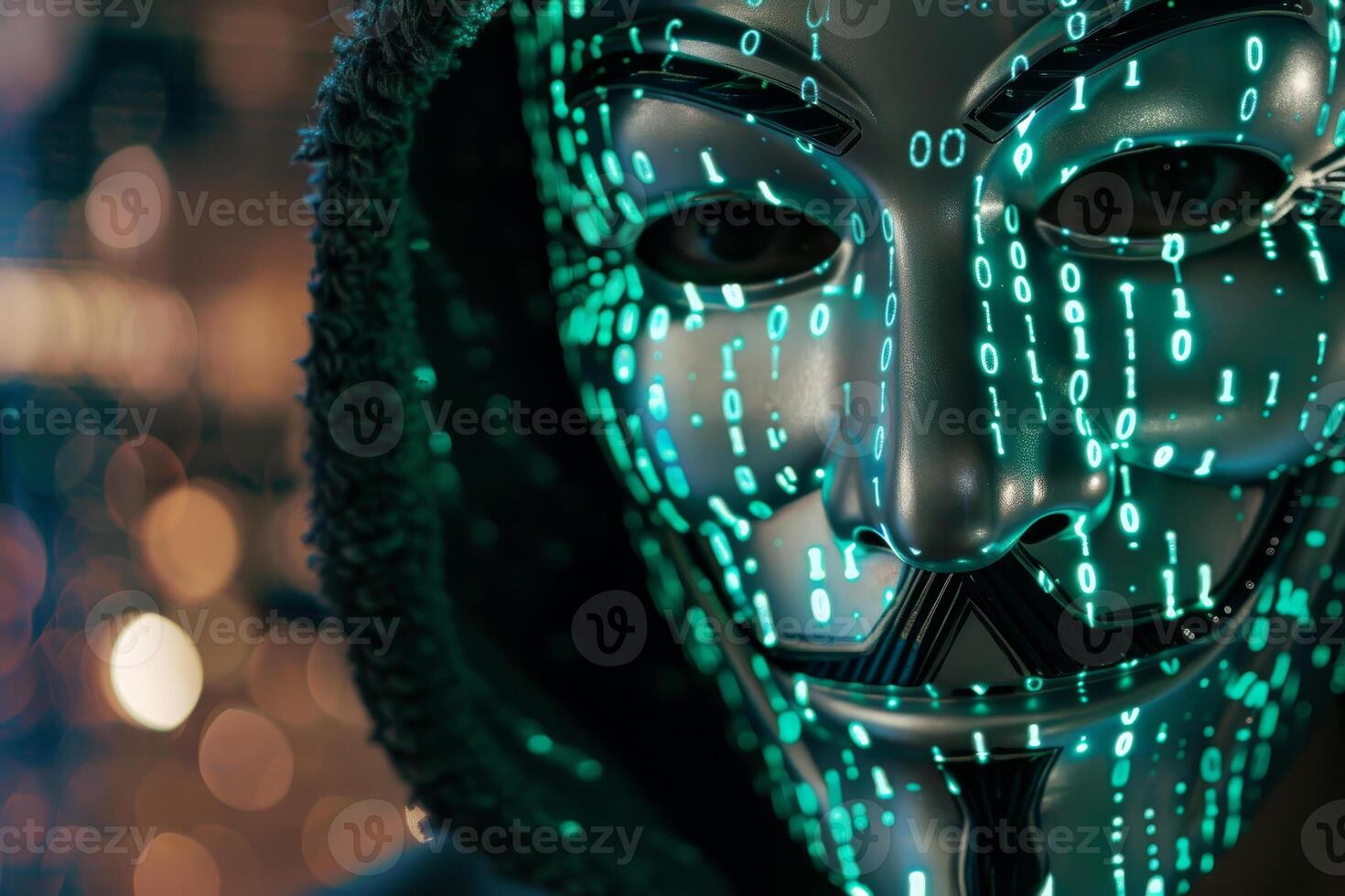 Anonymous hacker mask with binary code photo