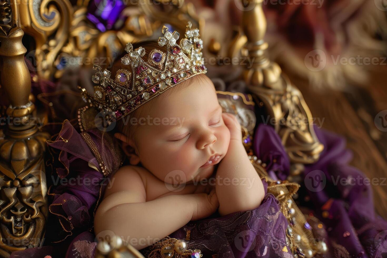 A baby sleeping in a purple dress with a crown on photo