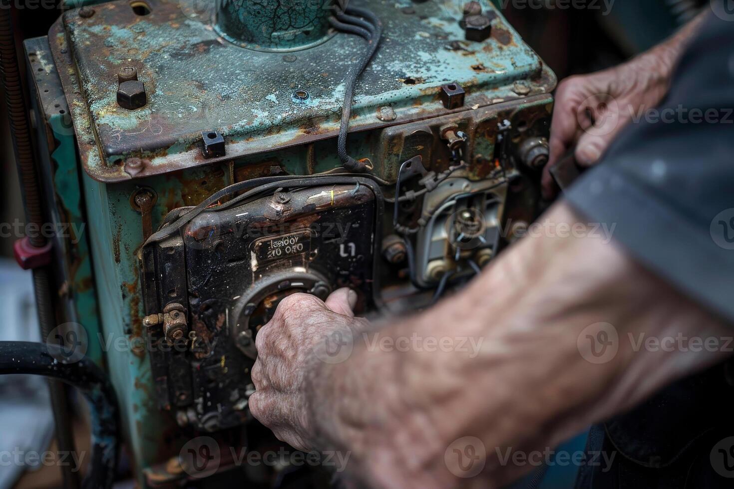 A man is working on an old machine photo