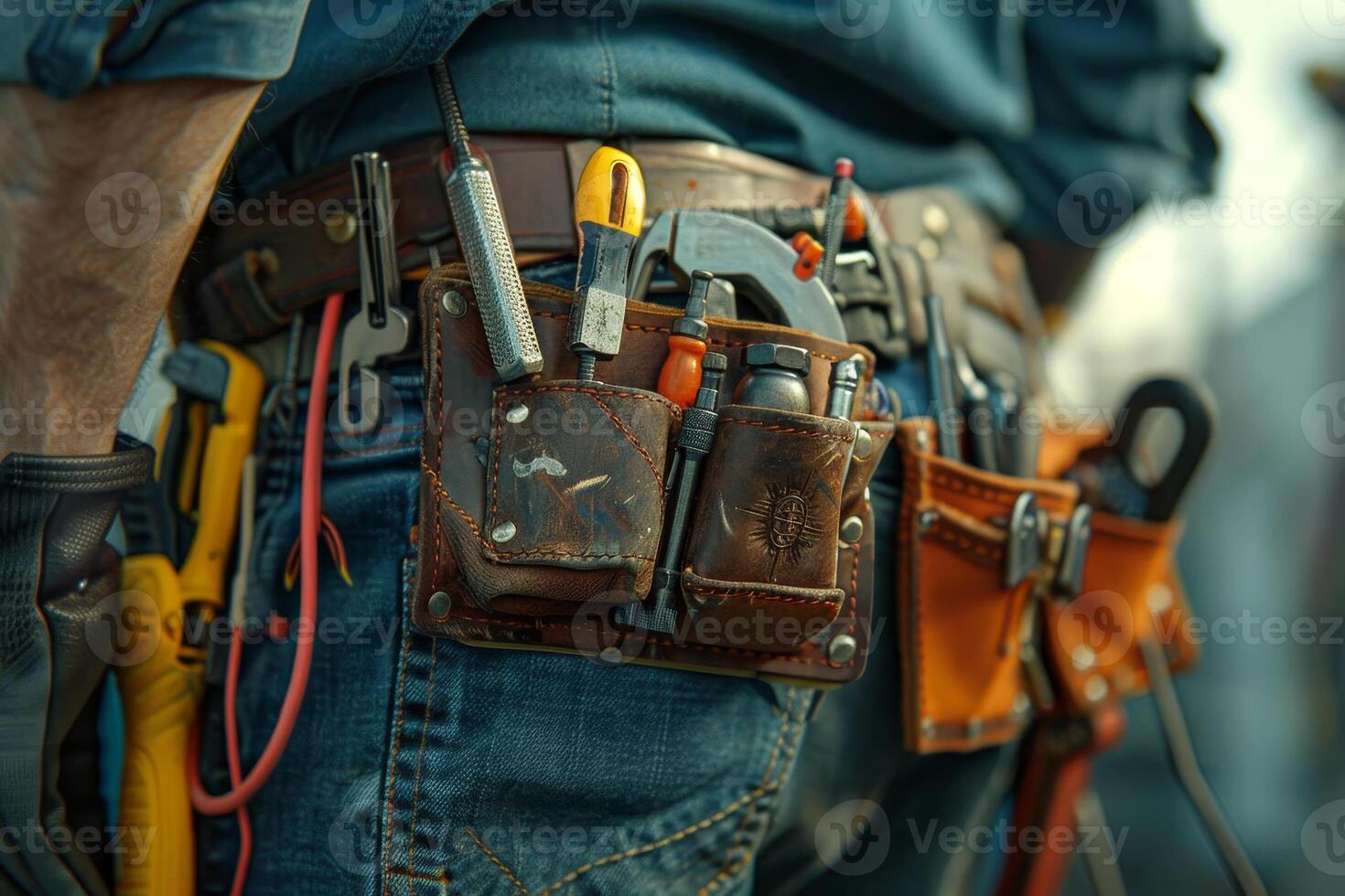 A man with a tool belt on his back photo