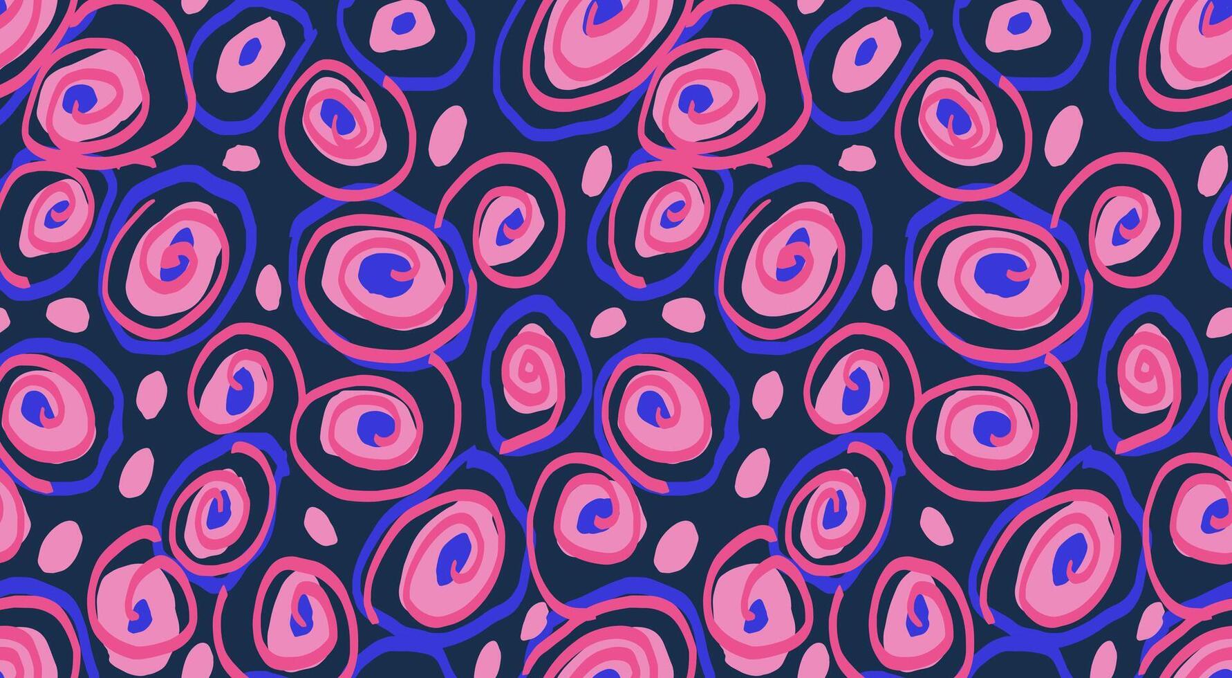 Unique abstract swirl organic shapes seamless pattern on a dark background. hand drawn. Pink and blue irregular shape circular. Contemporary background ornament for print vector