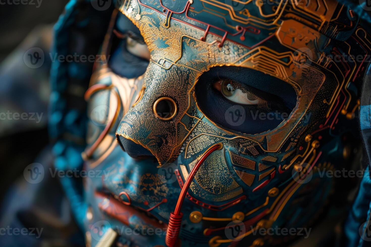 A person with a mask that has a lot of electronics on it photo