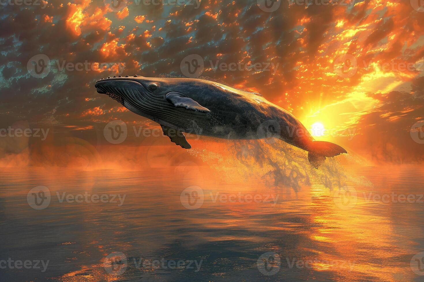 A whale is jumping out of the water at sunset photo