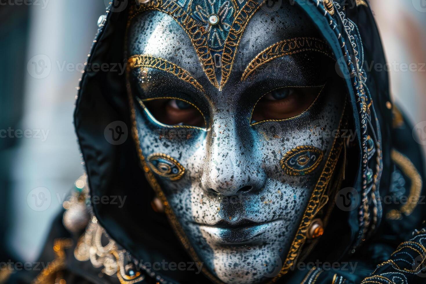A man wearing a mask with silver and gold photo