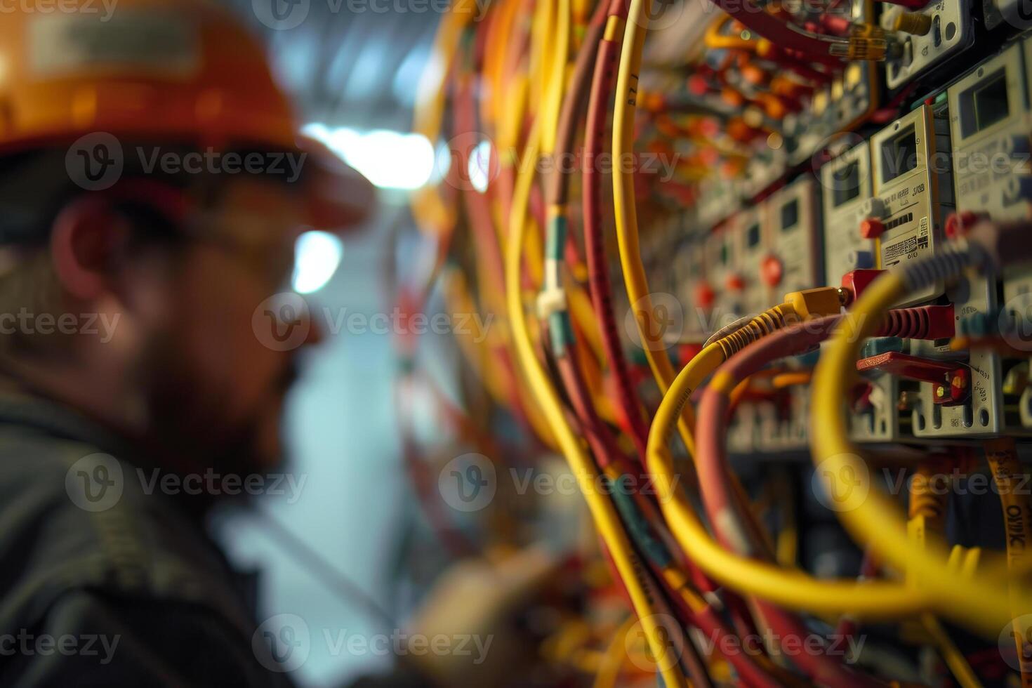 A man in an orange hard hat is working on a panel of electrical wires photo