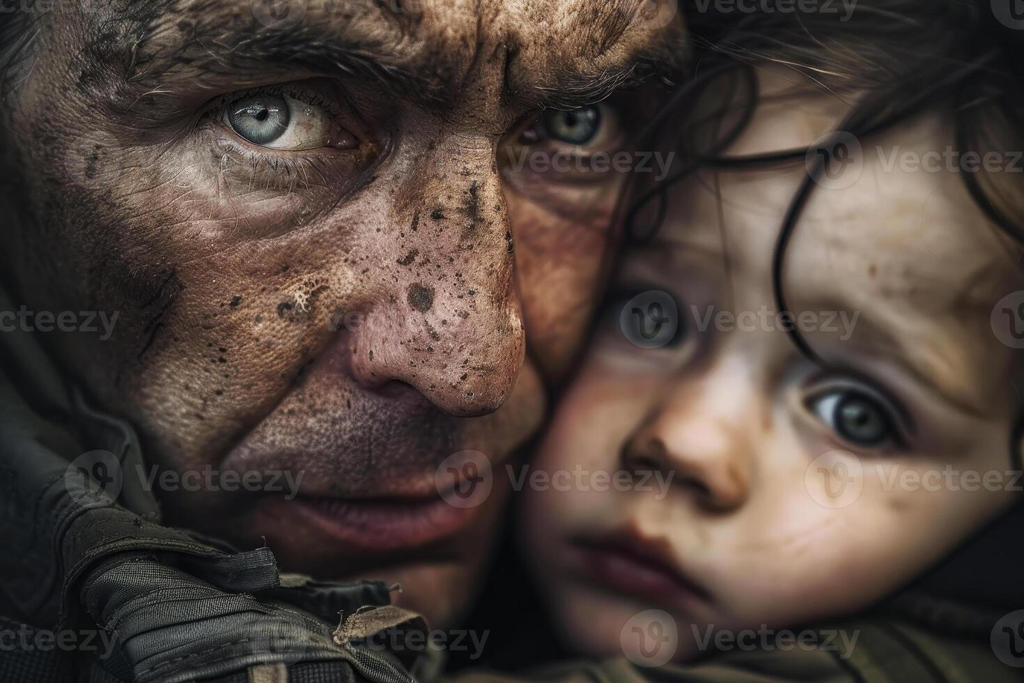 A man and a child are holding each other photo