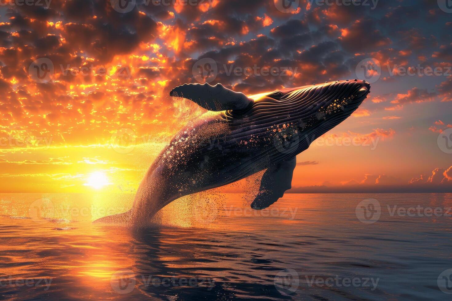 A humpback whale is jumping out of the water at sunset photo