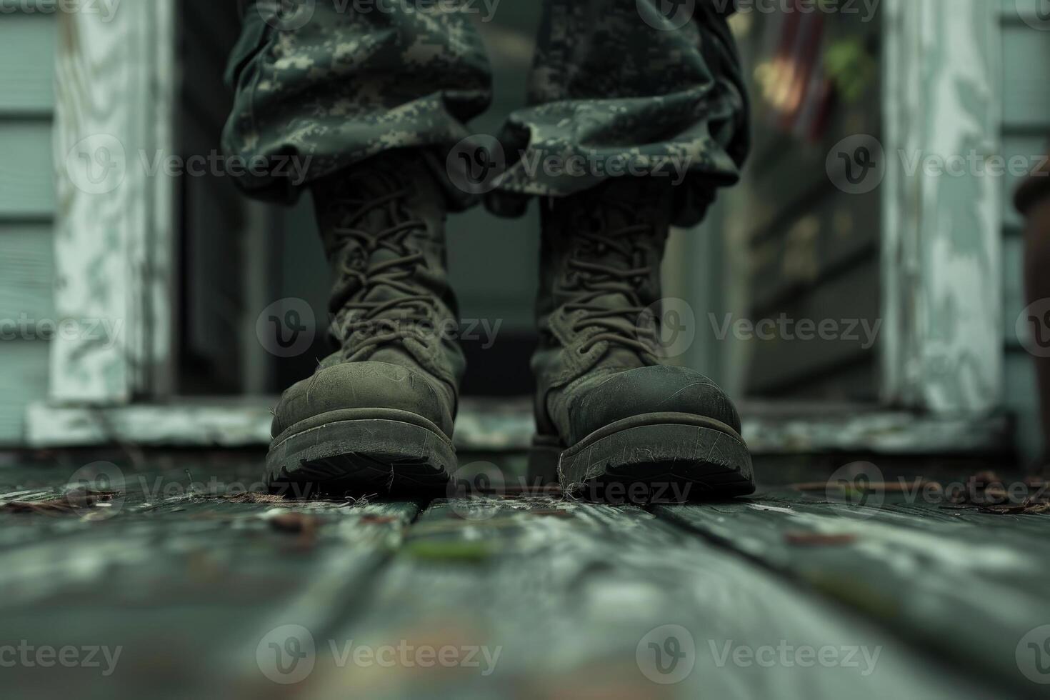 A soldier's feet in boots standing on a porch photo