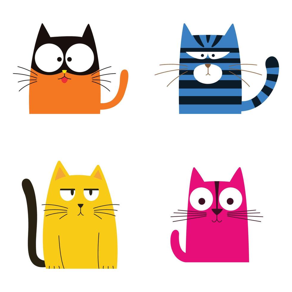 Set of Colorful Funny Naughty Cat Pet Animal Cartoon Character with Cute Face vector