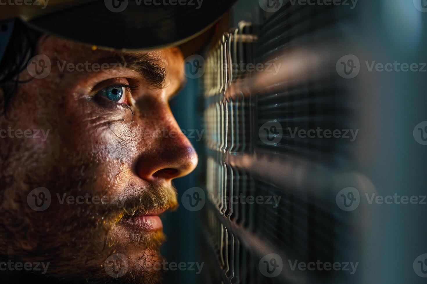 A man with a beard and hat looking out the window photo