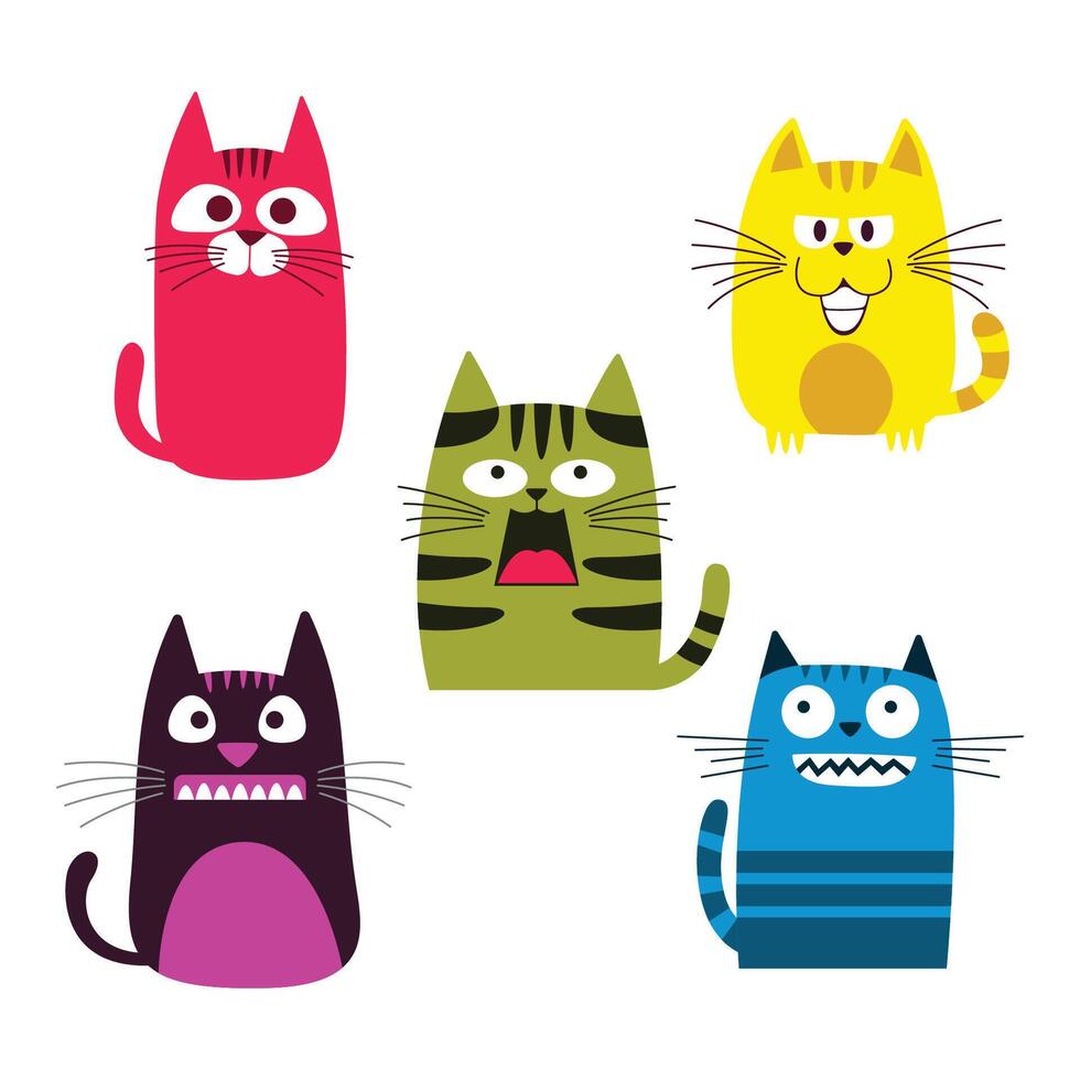 Set of Colorful Funny Naughty Cat Animal Cartoon Character with Humor Happy Expression vector