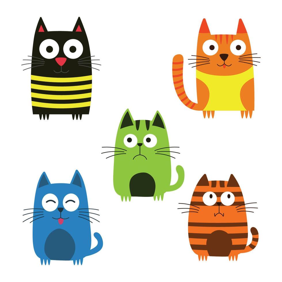 Set of Colorful Adorable Naughty Cat Animal Cartoon Character with Curious Expression vector