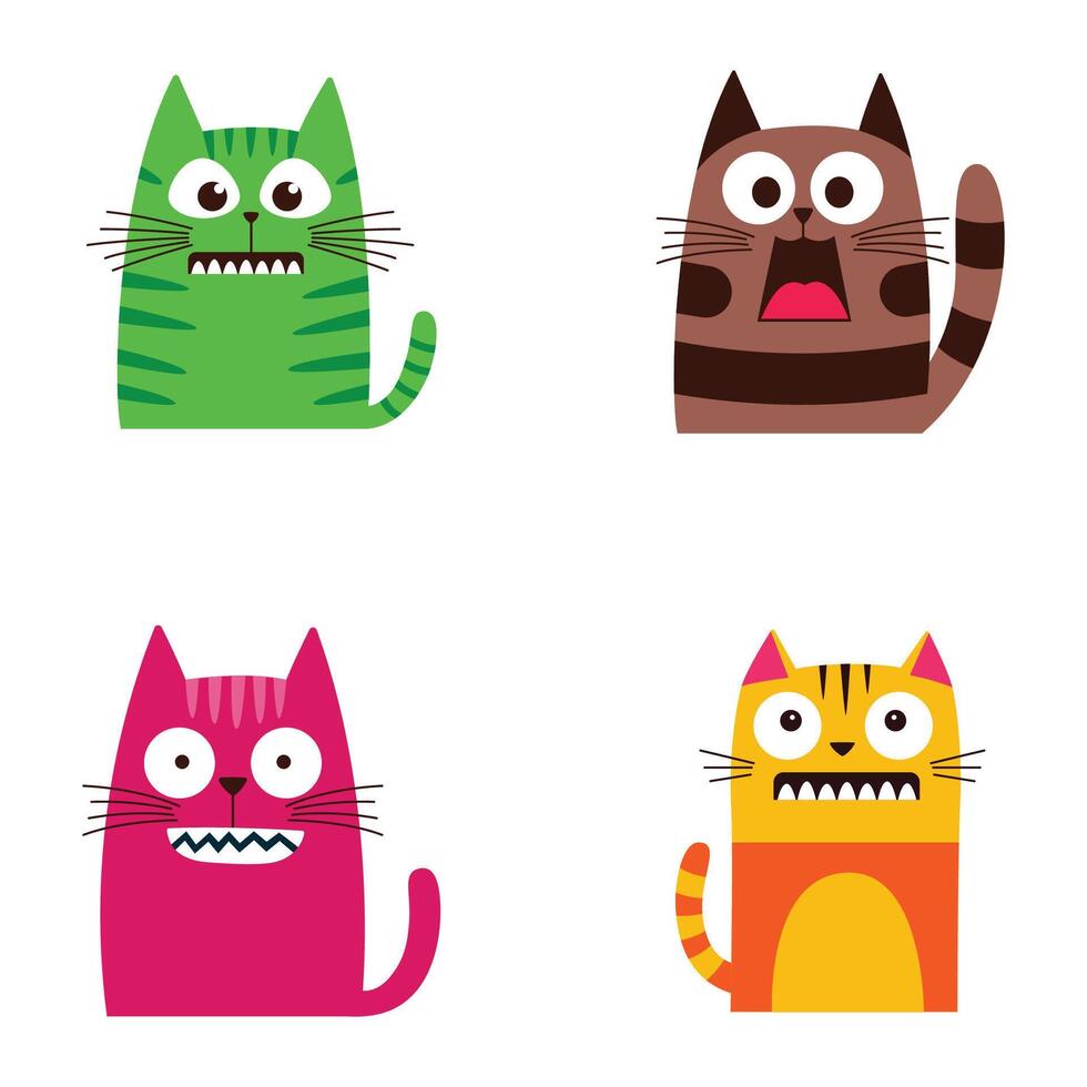 Set of Colorful Cute Naughty Cat Animal Cartoon Character with Humor Happy Face vector