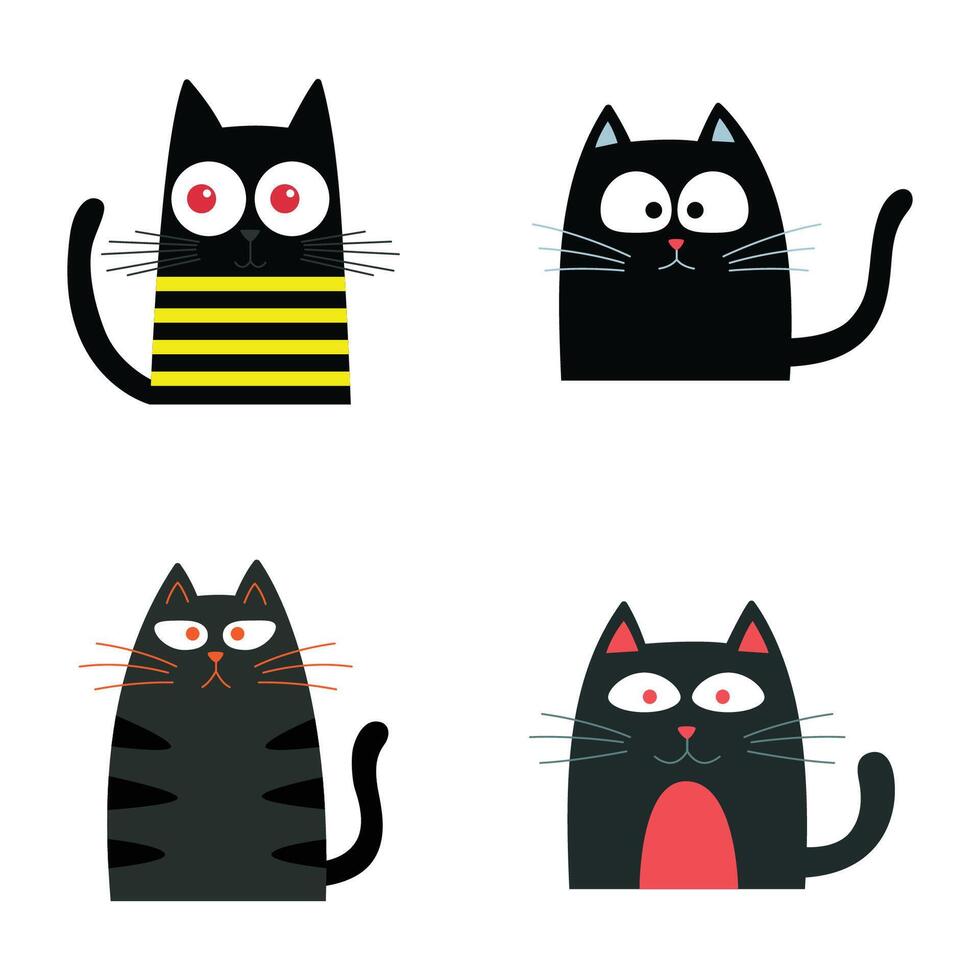 Set of Black Cute Naughty Cat Pet Animal Cartoon Character with Humor Curious Lazy Face vector