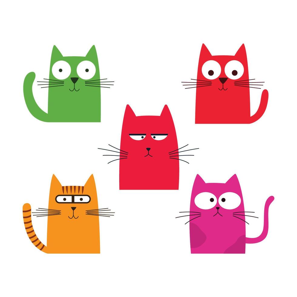 Set of Colorful Funny Naughty Cat Pet Naure Animal Cartoon Character with Cute Expression vector