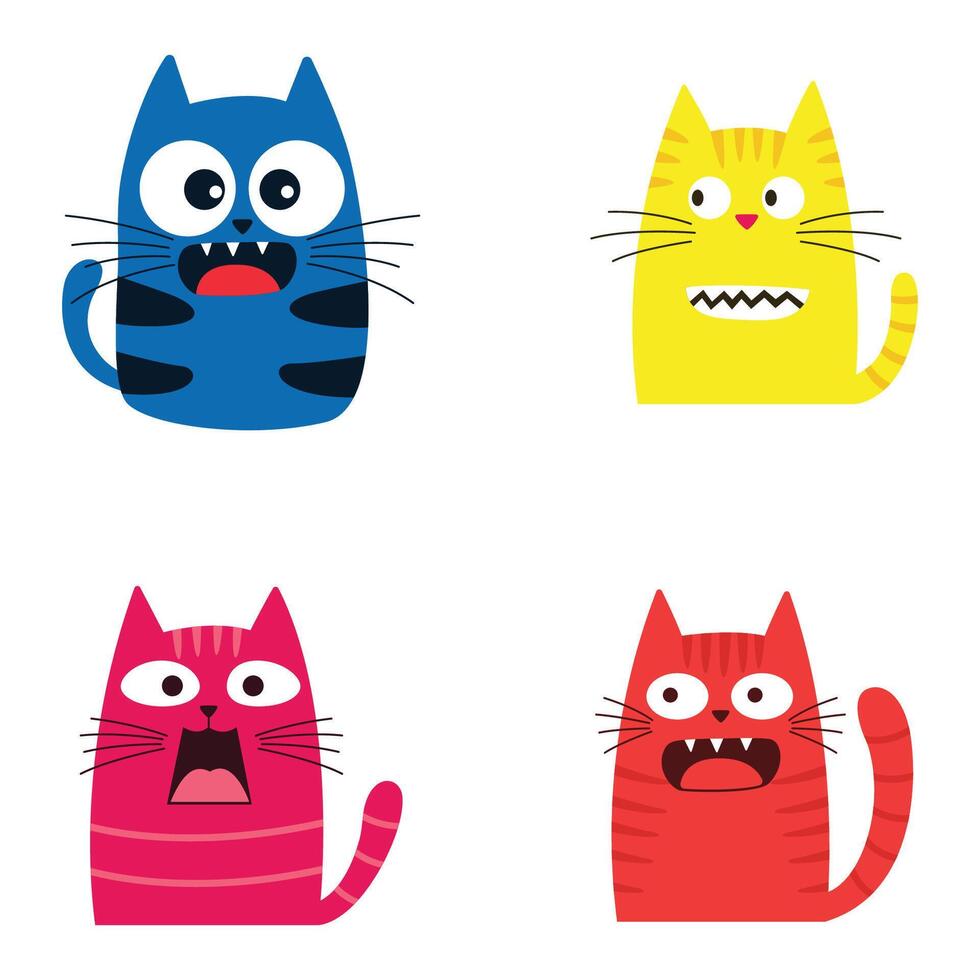 Set of Colorful Cute Naughty Cat Animal Cartoon Character with Humor Happy Expression vector