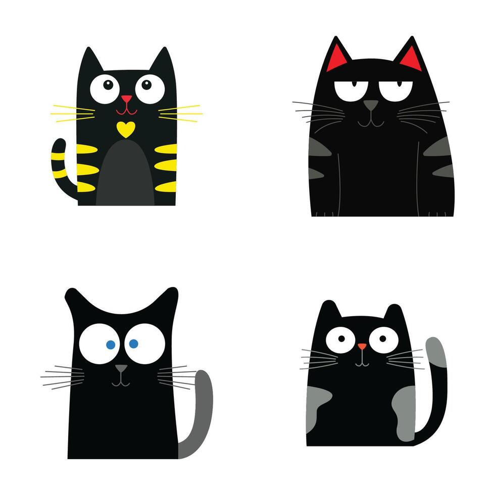 Set of Black Adorable Naughty Cat Animal Cartoon Character with Humor Curious Lazy Face vector