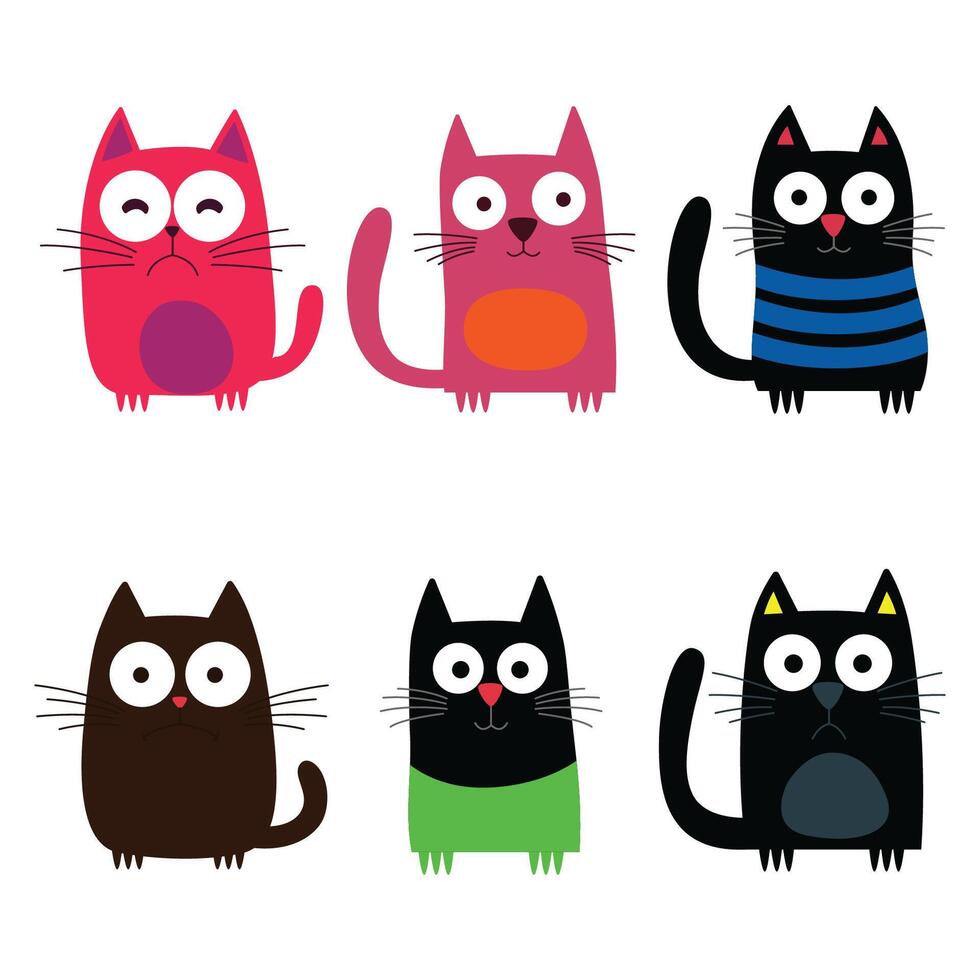Set of Colorful Funny Naughty Cat Animal Cartoon Character with Curious Expression vector