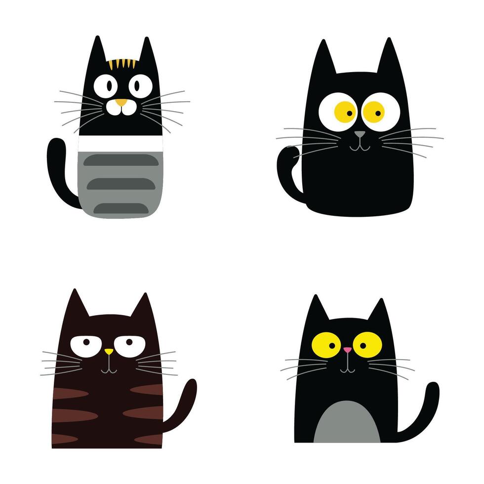 Set of Black Funny Naughty Cat Animal Cartoon Character with Humor Curious Lazy Face vector