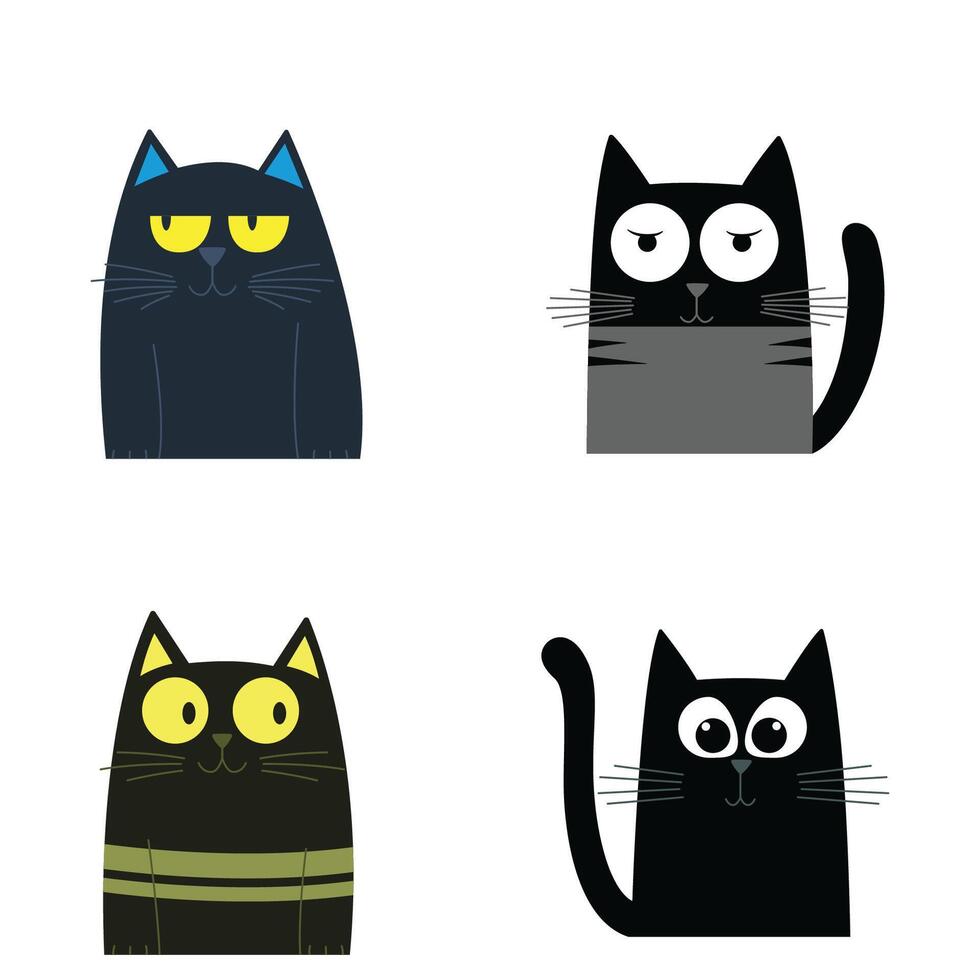 Set of Black Cute Naughty Cat Animal Cartoon Character with Humor Curious Lazy Expression vector