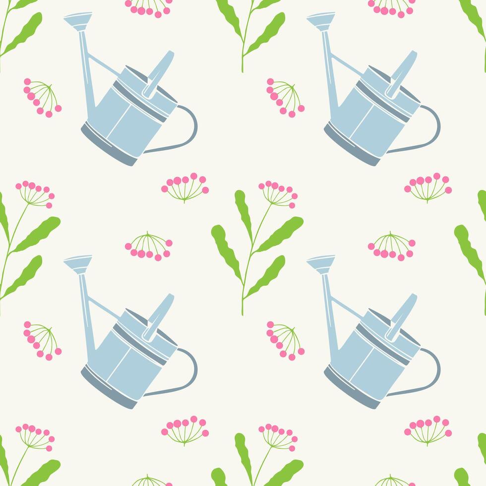Spring vibe. Pattern with garden watering can and pink berry, green twigs. Work in spring garden and vegetable garden, planting and watering. vector