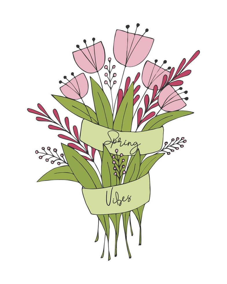 Bouquet of flowers greeting card Spring Vibe, handmade doodle drawing. vector