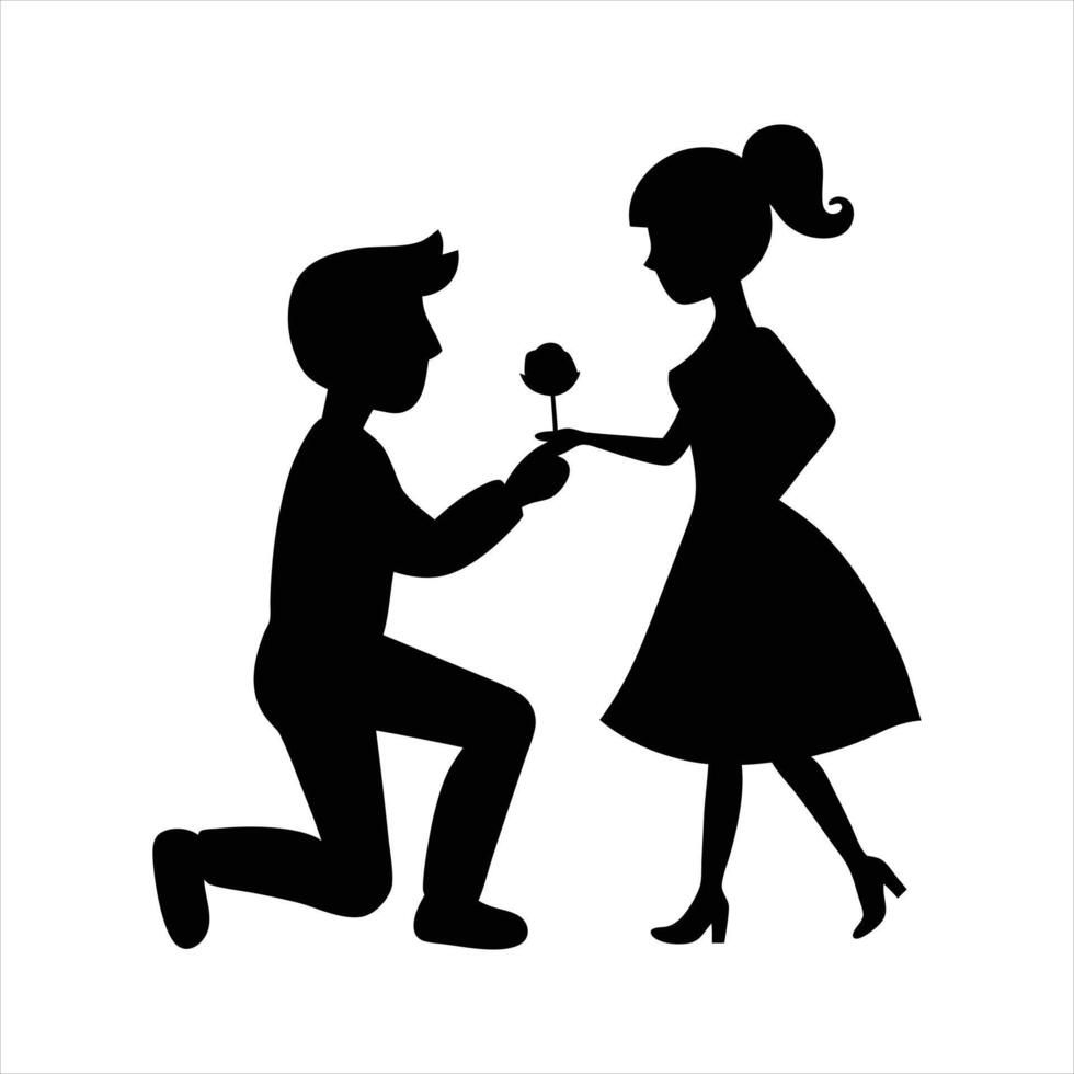 silhouette of a man kneeling down to give a woman a rose vector