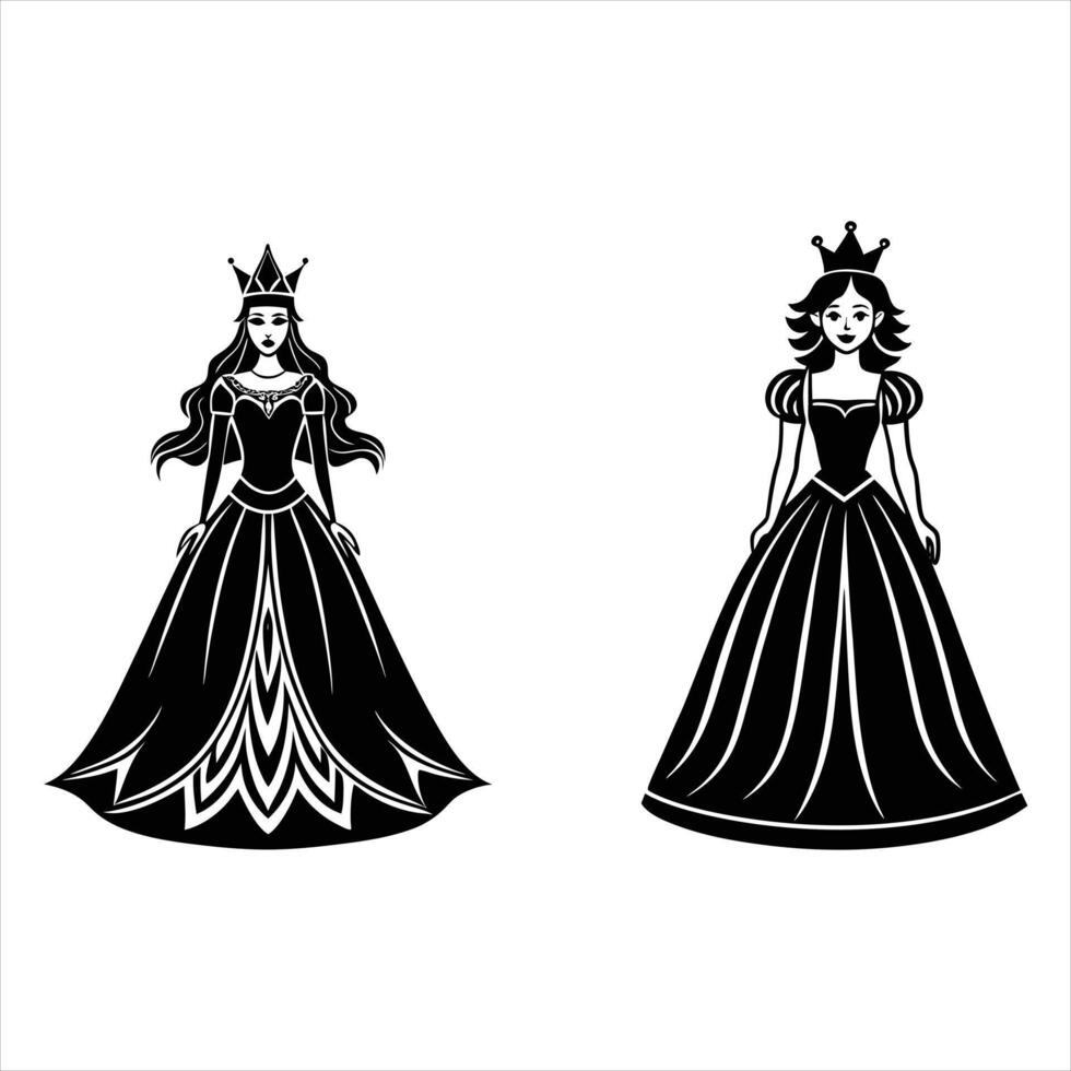 Two black and white silhouettes of princesses in dresses vector