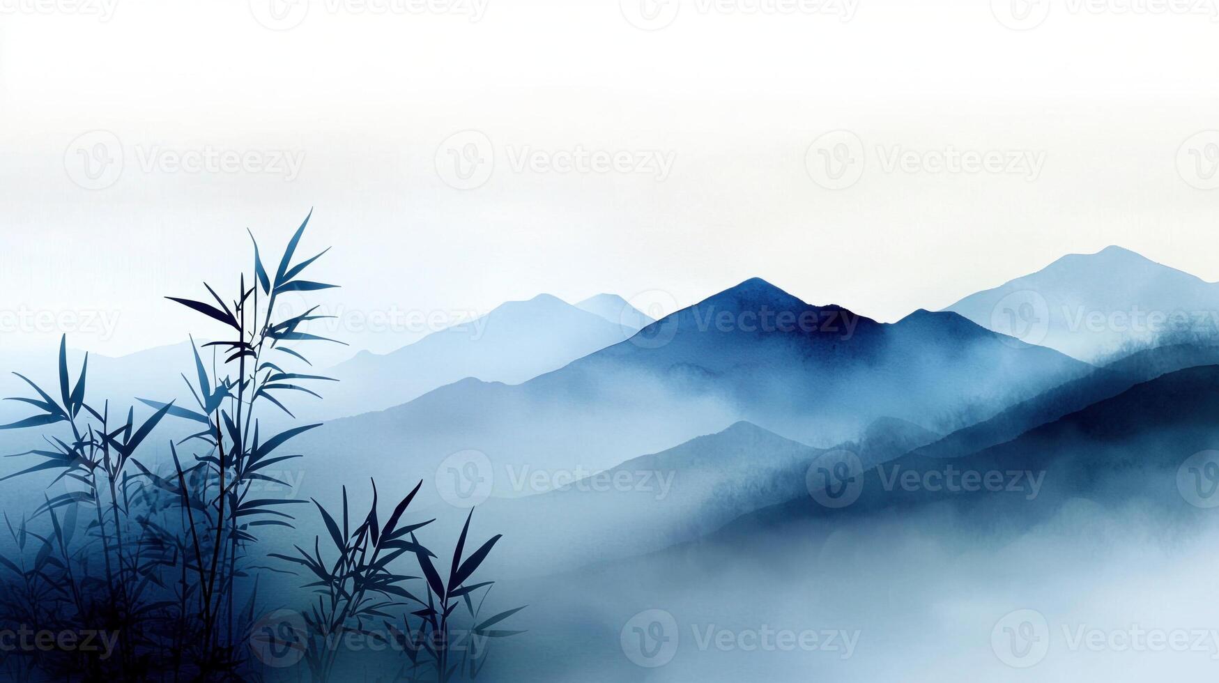 A mountain range with bamboo trees in the foreground photo