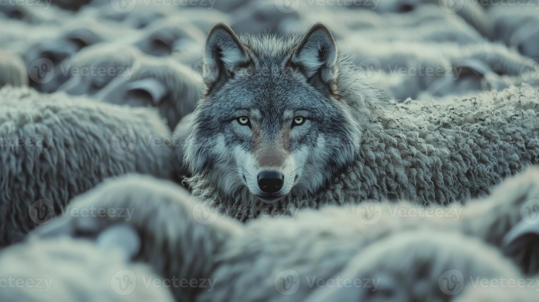 A wolf stands alert in the midst of a thick flock of sheep during the twilight hours, showcasing the contrast of predator and prey in a tranquil countryside landscape photo