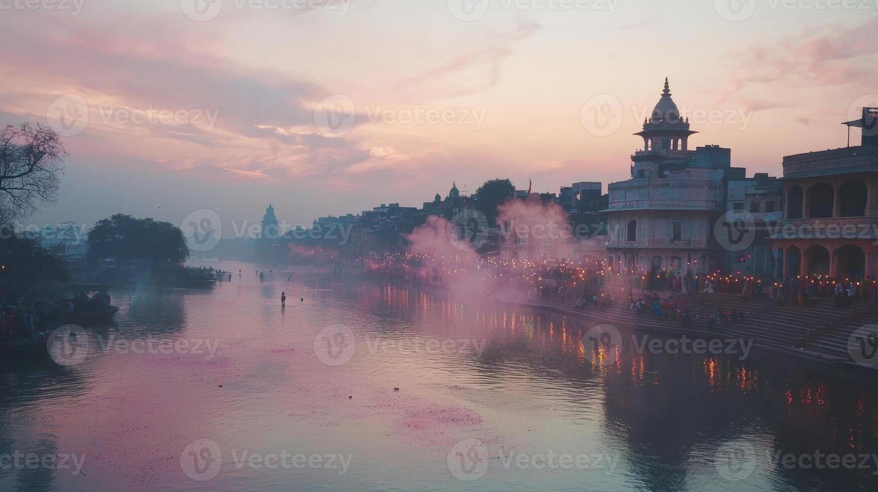 A river with smoke coming out of it at sunset photo